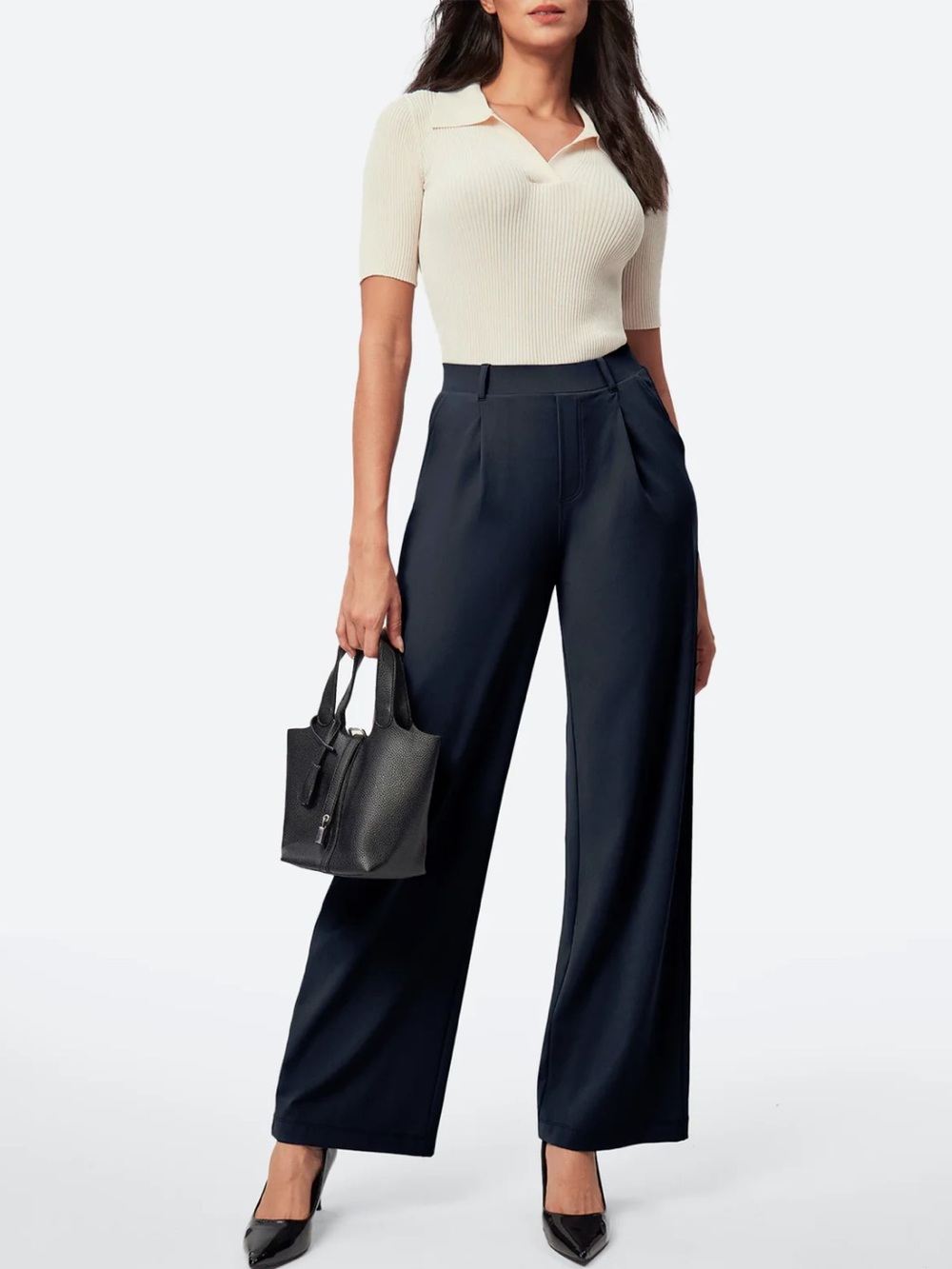 NWT IUGA Wide Leg Pull On Stretchy Work Pants With Pockets | Size Large